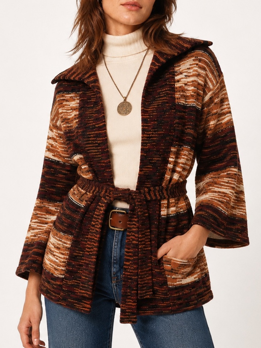 Vintage 70s Corliss Belted Knit Cardigan Sweater Space Dye Shawl Collar Small